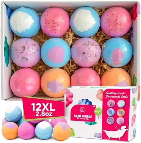 12 Extra Large Organic Bath Bombs Gift Set for Women - Moisturizing Shea Butter & Essential Oil Infused Shower Lush Bathbombs kit for Girls, Bath Balls & Birthday Gifts for Women