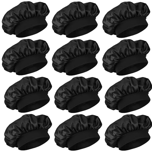 12 Pieces Silk Bonnet for Women Curly Hair Satin Bonnet Hair Wrap for Sleeping Cap with Tie Band (Black)
