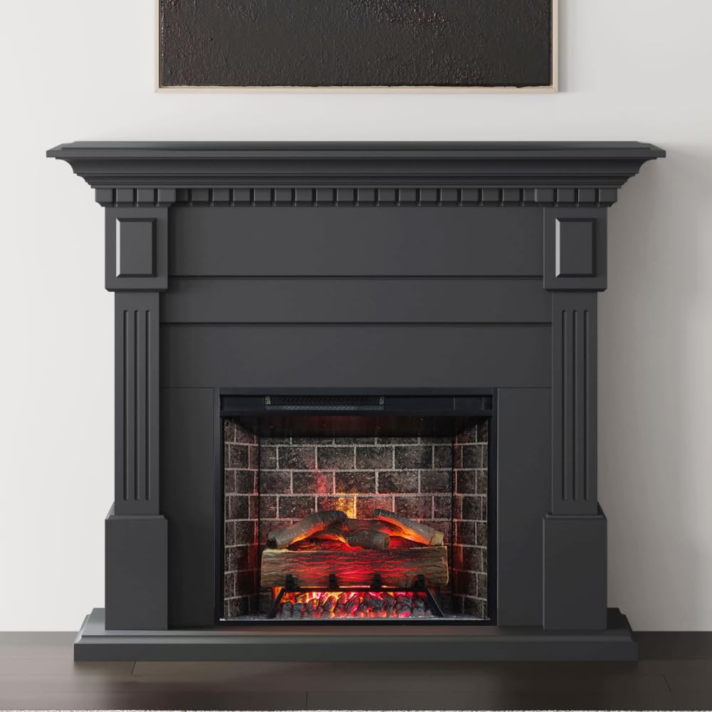 Modern Ember Augustine Black Mantel Package 55" W x 48" H with 28 Inch Electric Fireplace Insert - 1,000 Sq Ft Heater 4 Flame Colors, Ember Bed Included | Alexa/WiFi Enabled