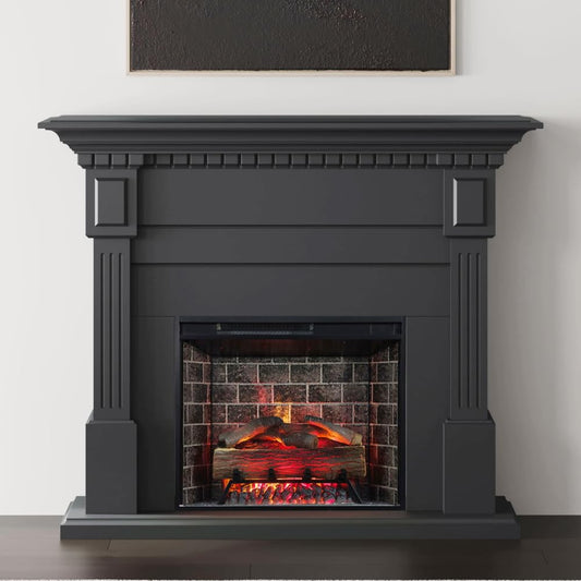 Modern Ember Augustine Black Mantel Package 55" W x 48" H with 28 Inch Electric Fireplace Insert - 1,000 Sq Ft Heater 4 Flame Colors, Ember Bed Included | Alexa/WiFi Enabled