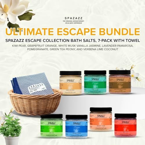 Hot Tub & Spa Bath Salt Aromatherapy Crystals - Spazazz Escape Collection 4 Oz 7-Pack Sampler & Hot Cold Towel - Lavender, Lime Coconut, Green Tea, Vanilla Jasmine, Kiwi Pear, Grapefruit, Pomegranate