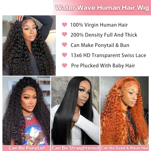30 Inch Water Wave Lace Front Wigs Human Hair Wet and Wavy 13x6 HD Lace Front Wigs Human Hair Pre Plucked with Baby Hair 200 Density Deep Part Curly Wigs for Women Natural Color