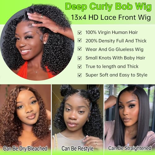 16 Inch Bob Wig Human Hair 200% Density Deep Wave Lace Front Wigs Human Hair for Women Pre Plucked Wet and Wavy Short Bob Wigs 13x4 HD Lace Frontal Wig 100% Virgin Human Hair Burmese Curly