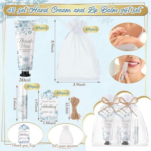 48 Sets 192 Pcs Blue Flower Baby Bridal Shower Hand Cream and Lip Balm Baby Shower Gifts for Guests Bridal Wedding Party Favor Bulk with Thank You Card Organza Bags Travel Size for Wedding