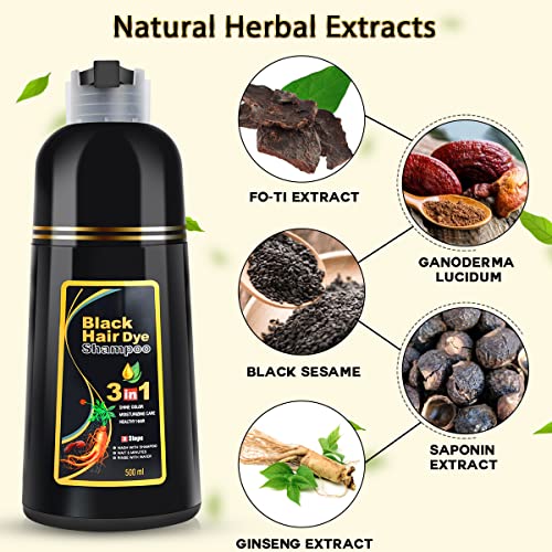 Black Hair Dye Shampoo 3 in 1 for Gray Hair, Hair Color Shampoo for Women and Men, Instant Shampoo Hair dye-100% Grey Hair Coverage (16.9 Fl oz)