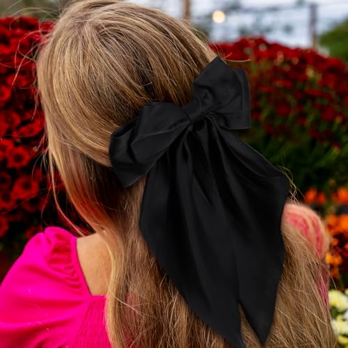 25 Pcs Satin Hair Bows Bulk Silky Big Hair Bows for Women Oversized Long Tail Ribbons Large Knot Clips Barrettes for Holiday Gifts(Plain)