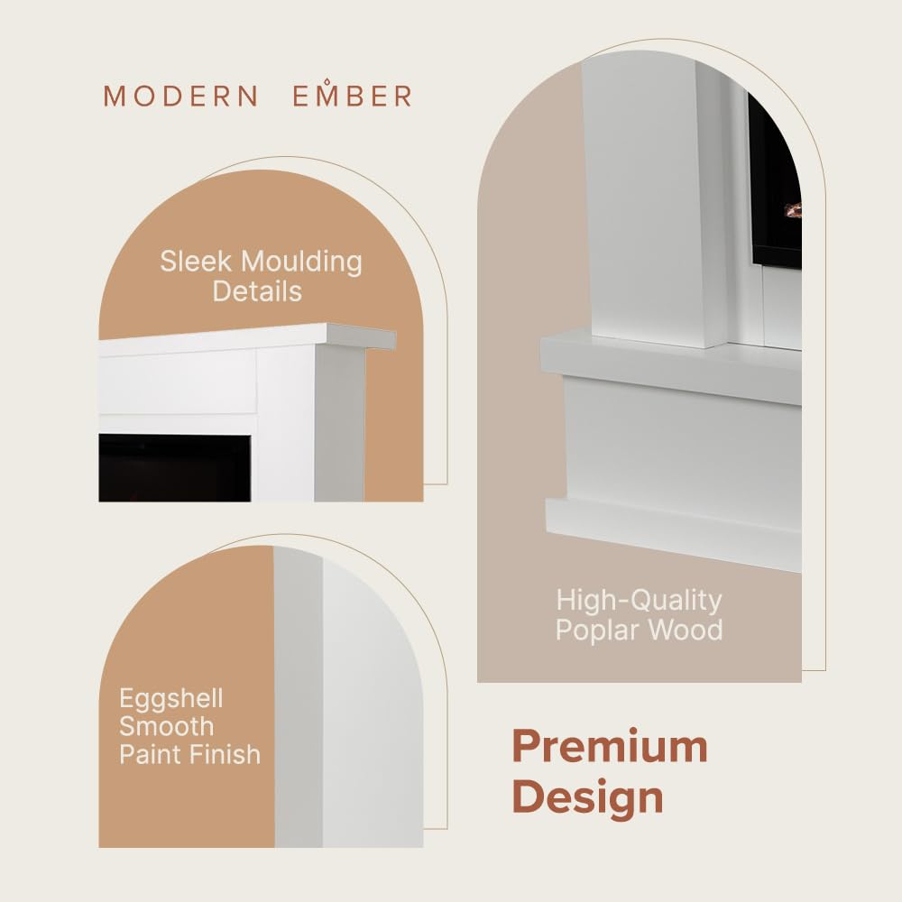 Modern Ember Patton White Mantel Package 64" W x 42" H with 42 Inch Electric Fireplace - 5 Flame Colors, 10 Ember Bed Colors, Log Kit & Crystal Embers | Alexa/WiFi Enabled