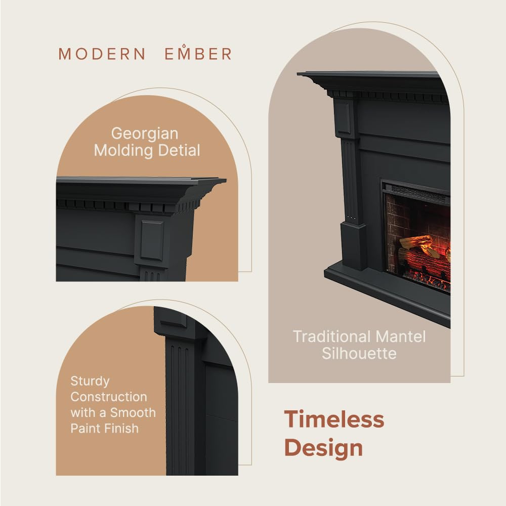 Modern Ember Augustine Black Mantel Package 55" W x 48" H with 28 Inch Electric Fireplace Insert - 1,000 Sq Ft Heater 4 Flame Colors, Ember Bed Included | Alexa/WiFi Enabled