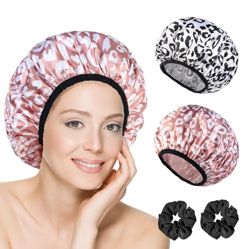 2-Pack Reusable Waterproof Shower Caps for Women, Double-Layer Elastic Bath hat,Extra Large Hair Cap for Long Curly Hair（White, Pink）