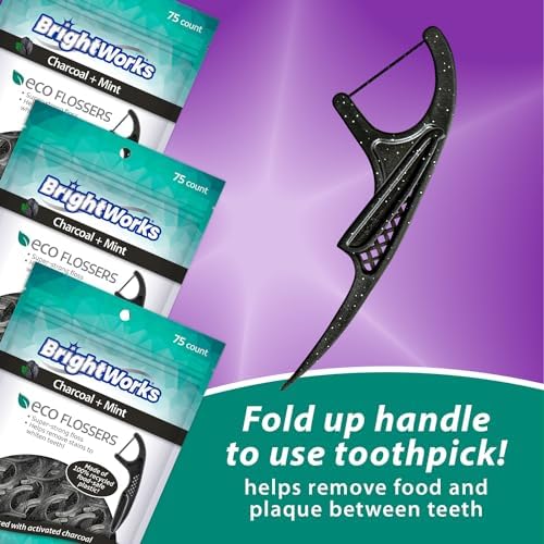 Brightworks ECO Sustainable Floss Picks - 225 Count - PFAS Free - Made in USA Charcoal + Mint Infused 100% Post-Consumer Recycled Plastic with Micro-Crystals for Oral Care Hygiene Gum Health