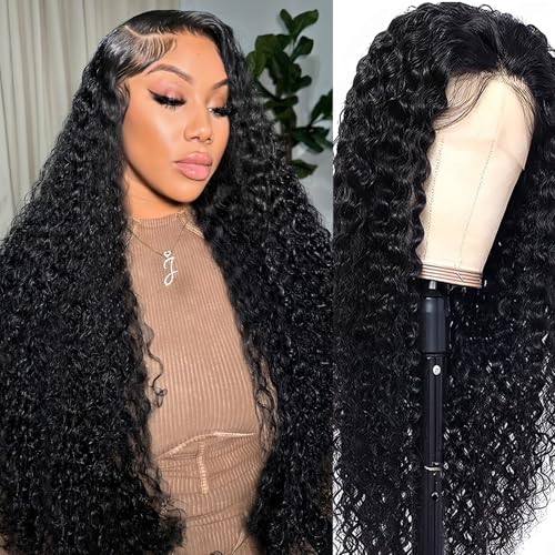 20Inch Deep Wave Lace Front Wigs Human Hair-13x4 HD Transparent Deep Wave Frontal Wigs Human Hair Glueless Curly Wigs for Women 200% Density Curly Lace Front Human Hair Pre Plucked with Baby Hair