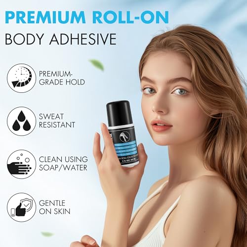 1 Pcs Roll On Body Glue for Dancers with Metal Tip Roller Ball, 2oz Sweat-Resistant Body Adhesive, Clear & Non Toxic Liquid Butt Adhesive for Compression Stockings, Wig Glue, Residue Free