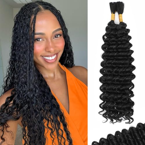 Human Braiding Hair Mix Synthetic Boho Hair for Braiding, 18 Inch Wet and Wavy 2 Pcs Deep Wave Bulk for Curly Bohemian Hair Extensions(1B, 18 Inch)