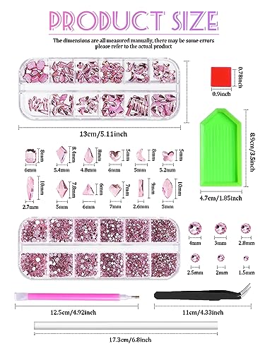 1620 Pcs Nail Art Rhinestones Pink Nail Charms Glass Nail Gems, Wsimily Crystal Flatback Shiny Mixed Nail Rhinestones Beads for DIY Manicure Craft with Tweezer Storage Box Picker Pencil