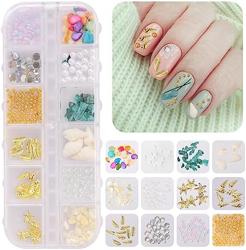3 Boxes 3D Mixed Ocean Theme Nail Art Rhinestones Accessories Summer Beach Shell Starfish Conch Sea Series Sequin Nail Art Charms with Tweezers for DIY Nail Art Designs Manicure Decoration