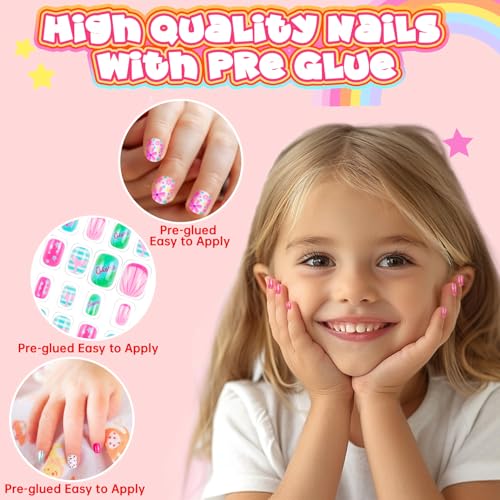 144 Pieces 6 Pack Kids Press on Nails Artificial Fake Nails for Kids Girls Pre Glue Full Cover Short Acrylic False Nail Tips Art Kits Gifts for Girls Nail Art Decoration (Gradient Pattern)