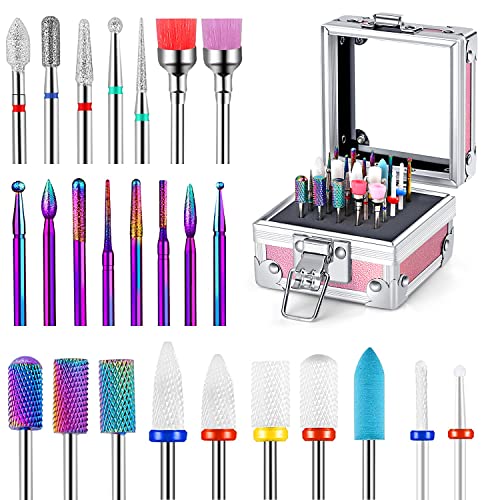 25Pcs Nail Drill Bits Set with Portable Holder, 3/32 Inch Ceramic Diamond Carbide Cuticle Efile Remover Nail Drill Bit for Home Salon Acrylic Gel Polish Manicure Pedicure