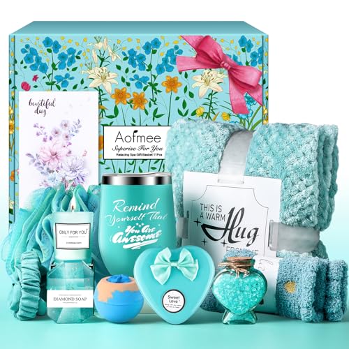 Birthday Gifts for Women, Thinking of You Gift Care Package with Luxury Flannel Blanket for Women Mom Her Wife Friends Sister, Blue Self Care Spa Relaxing Baskets for Christmas Valentines Mothers Day