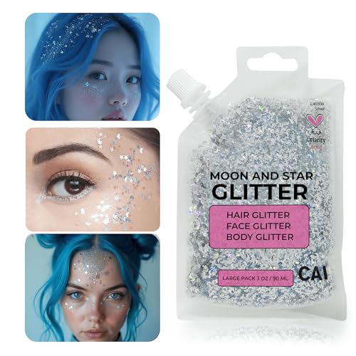 Face Glitter; Hair & Body Makeup: for Kids/Women (3 Oz Silver) Chunky Iridescent Holograph Stars Moon Cosmetic Grade, Cruelty Free Apply Without Glue, Easy to Take Off Keeps Skin Clean