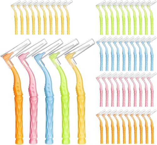 100pcs Interdental Brushes, 5 Sizes Braces Brush Set Soft Dental Brushes with Non-Slip Handle Angled Head Tooth Picks Floss Sticks Dental Floss Brushes for Braces Oral Cleaning