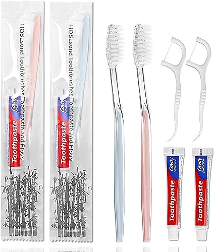100pcs Disposable Toothbrushes with Toothpaste Floss Individually Wrapped, 2 Color Disposable Toothbrush, 10g Toothpaste, Floss Pick, Bulk Toothbrush Kit for Homeless,Airbnb,Hotel