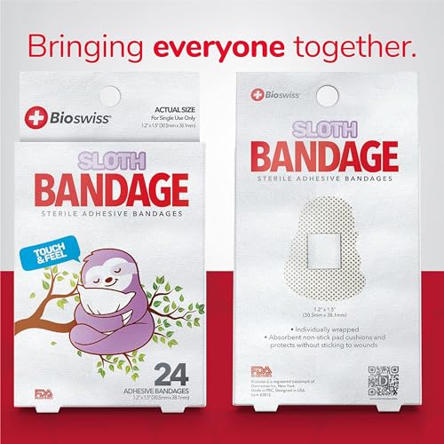 BioSwiss Bandages, Sloth Shaped Self Adhesive Bandage, Latex Free Sterile Wound Care, 24 Count