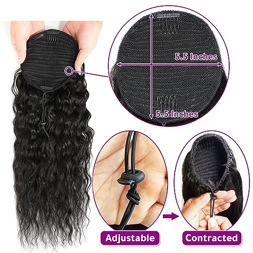 100% Human Hair Drawstring Ponytail Extension Water Wave in Natural Color 1B Corn Wave Ponytail Clip in Extensions for Black Women (14 Inch)