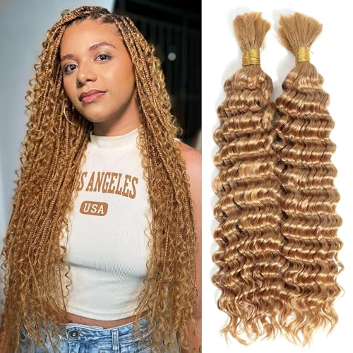 Habiliana Deep Curly Braiding Human Hair 100g 16 Inch Color 27 Honey Blonde Deep Water Wave Bulk Human Hair for Braiding No Weft Brazilian Virgin Deep Curly Human Hair Extensions for Boho Braids