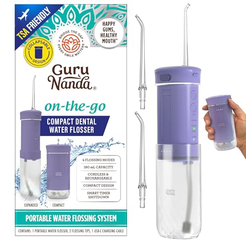 GuruNanda Compact Water Dental Flosser, Portable Travel Size Oral Irrigator Flosser with Collapsible 180 ml Tank, Smart Timer, 4 Flossing Modes, TSA-Approved - Lavender