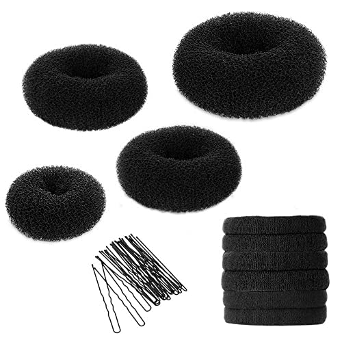 YaFex Bun Maker Kit - Donut Hair Accessory Set with Large, Medium, Small Sizes, Elastic Ties, and Black Bobby Pins