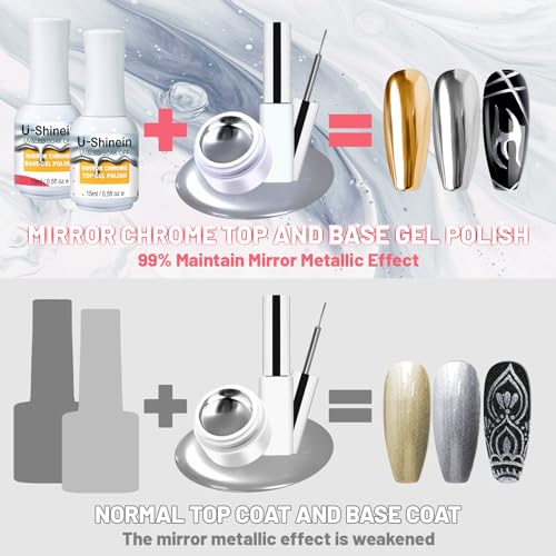 15ml Top Coat and Base Coat Set for Metallic Mirror Painting Gel, No Wipe Clear Top and Base Coat for Nail Polish, Chrome Nail Powder