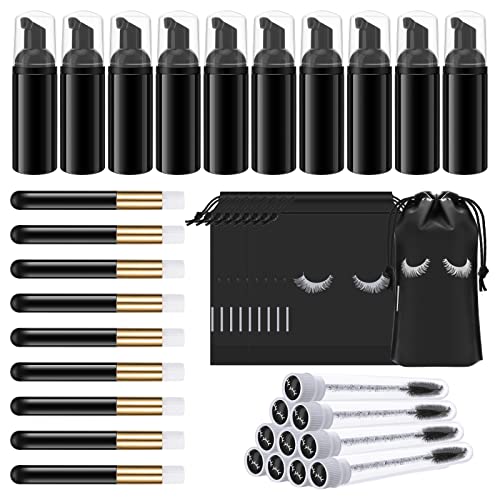 Homicozy 40 Pcs Lash Shampoo Bottle Brushes & Dispensers Set - 10 Pcs Lash Brushes, Tubes & Aftercare Bag for Clients, Women, Girls (Black)