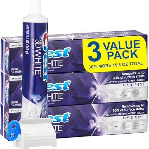 3D Ultra Whitening Vivid Mint Toothpaste 3 Large Tubes of 5.2 oz (Total 15.6 oz) | Strengthens Enamel | Removes 90% of Surface Stains | Toothpaste Squeezer