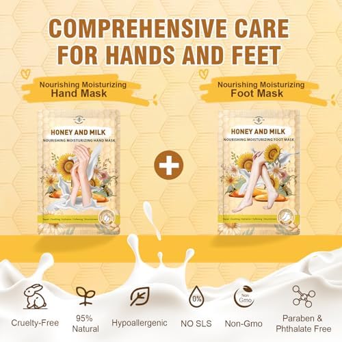 18 Pairs Moisturizing Hand & Foot Masks with Honey, Milk, Vitamin E & Glycerin, Intensely Hydrating Foot Mask For Dry Cracked Feet, Moisturizing Socks for Cracked Heel Treatment