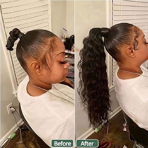 100% Human Hair Drawstring Ponytail Extension Water Wave in Natural Color 1B Corn Wave Ponytail Clip in Extensions for Black Women (14 Inch)