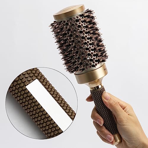 3 Pcs Boar Bristle Round Brush for Blow Drying, Nano Thermal Ceramic and Ionic Tech Hair Brush for Curling and Straightening - Large，Medium and Small Round Brushes