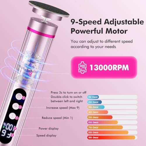 2 in 1 Electric Foot Callus Remover Cordless, 13000RPM Professional Feet Pedicure Tools for Dead Skin, Rechargeable Metal Foot Sander & Nail File with 9 Speed Level and 40Pcs Sandpaper Discs
