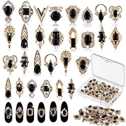 24 Pieces 3D Nail Charms Gold Luxury Black Rhinestones Nail Charms for Acrylic Nails Black Zircon Jewels Crystals Rhinestones with Storage Box for DIY Craft Art