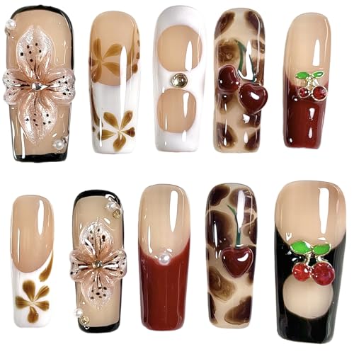 Handmade Press On Nails Square 3D Floral Cherry Blossom Leopard French Fake Nails wtih Design, Reusable Acrylic False Nails Gift Set (Cherry, S)