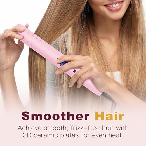 1 Inch Hair Straightener, Flat Iron Straightener & Curler 2 in 1, Rapid 15-Second Heat-Up Titanium Ceramic Ionic Dual Voltage Straightener for Less Frizz, Shines and Smooth, Styling Tools (Pink)