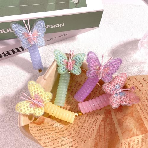 10Pcs Embroidered Butterfly Headband Spiral Hair Ties No Damage,Colorful Butterfly Telephone Wire Hair Bands for Kid Cute Butterfly Ponytail Holders Headbands Telephone Cord Hair Ties Hair Accessories
