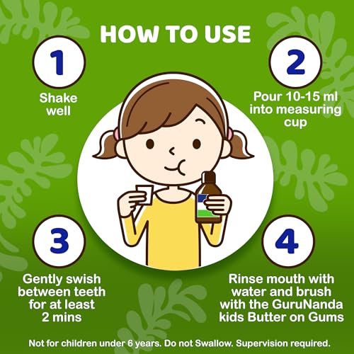 GuruNanda Kids Oil Pulling, Alcohol-Free Mouthwash, Essential Oils & Vitamins for Fresh Breath & Happy Gums for Ages 6 & up, Natural Berry Lemon Rose, 8 Oz