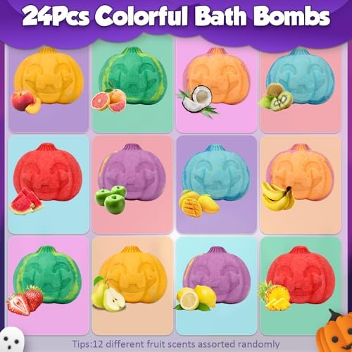 24pcs Halloween Bath Bombs with Toys Inside for Kids Pumpkin Bubble Bath Bombs for Halloween Treats Party Favors with 12pcs Treat Bags