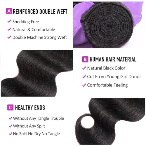 Body Wave Bundles Human Hair 18 20 22 24 Inch 4 Bundles Natural Black Brazilian Virgin Hair Weave 10A Grade 100% Unprocessed Real Human Hair Extensions for Women