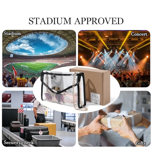 Clear Purse for Women Stadium Approved, Clear Crossbody Bag with Leather Edging for Concert Sports Events (Black - Gold Chain)