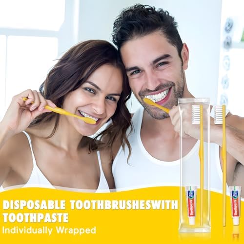 HOFASON Disposable Toothbrushes with Toothpaste Pack of 200, Yellow Hollow Travel Toothbrush Set with 5g Toothpaste Individually Wrapped Toothpaste Bulk for Homeless, Nursing Home, Shelter, Hotel