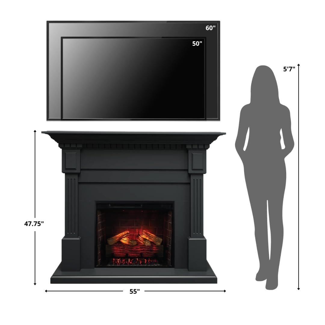 Modern Ember Augustine Black Mantel Package 55" W x 48" H with 28 Inch Electric Fireplace Insert - 1,000 Sq Ft Heater 4 Flame Colors, Ember Bed Included | Alexa/WiFi Enabled