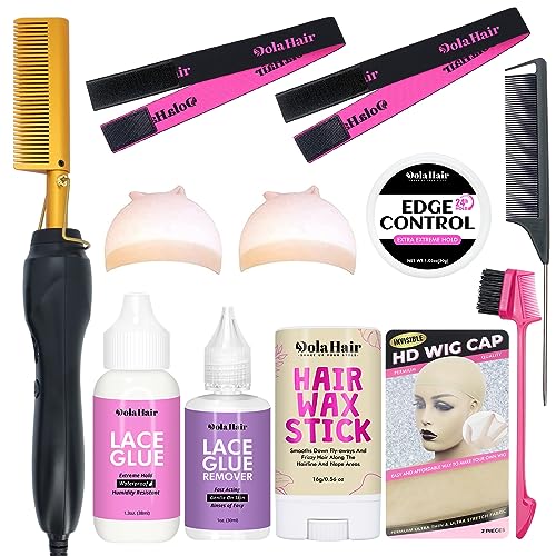 Dolahair Electric Hot Comb for Wigs Hair Straightener Electric Pressing Combs Lace Front Wigs Flat Iron Comb Lace Melting Band wig kit with hot comb wig installation kit
