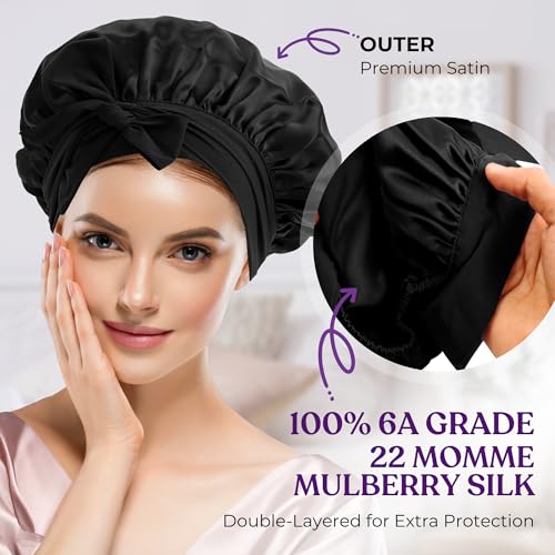 100% Mulberry Silk Bonnet for Sleeping Women – Double-Layered 22 Momme Silk Hair Wrap – Adjustable Non-Slip Tie – Reduces Frizz & Preserves Style – Gift Boxed, HQTS-Certified (Black)