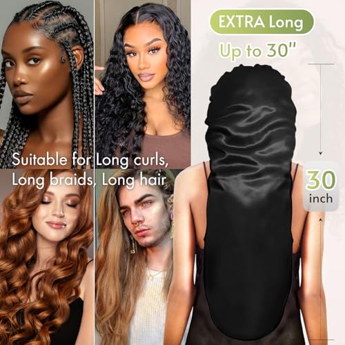 BONNET QUEEN Braid Bonnet Foldable Extra Long Bonnet for Braids Silk Bonnet Satin Bonnet with tie Band Hair Bonnet for Sleeping Night for Locs Black